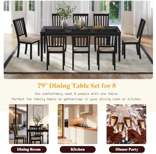 AMERLIFE 9 Piece Farmhouse Dining Table Set with 79" Rubberwood Table, Grey