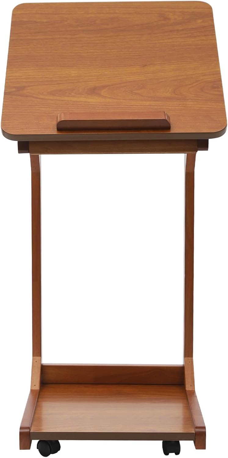 C-Shaped End Table, Couch Table with Adjustable Desktop, Small Rolling Side T...
