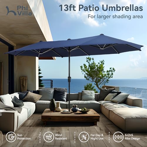 PHI VILLA Outdoor Dining Set with Umbrella for 6, Swivel Mesh Chairs