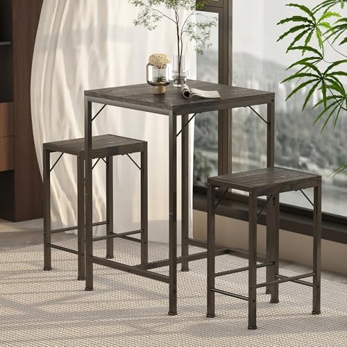 Homeiju Bar Table and Chairs Set, Square Bar Table with 2 Stools, Space-Savin...