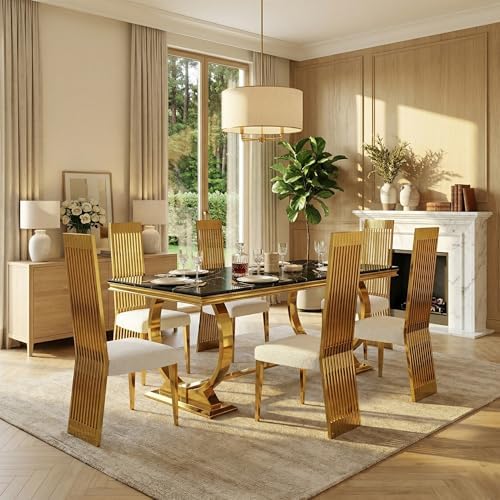 Dining Chairs Set of 6, Luxury Upholstered Boucle Chairs with Slatted Mirrore...
