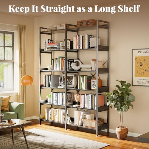 Huuger 6 Tier Bookshelf with 12 Open Shelves and Raised Baffle, Black
