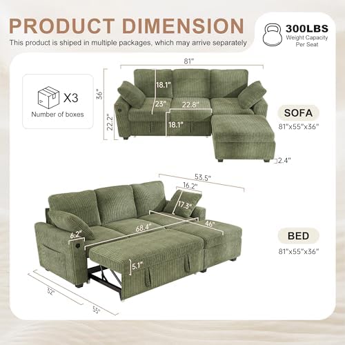 Hanherry 81" Sectional Couch with Pull Out Bed,3 Seat Corduroy Sleeper S...