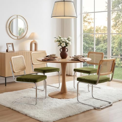 Rattan Dining Chairs Set of 2,Mid Century Modern Cane Back Chairs with Velvet...