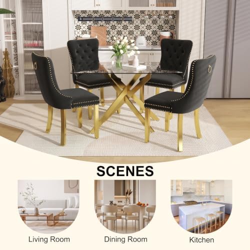 51" 5-Piece Glass Dining Table Set for 4, Black&Gold