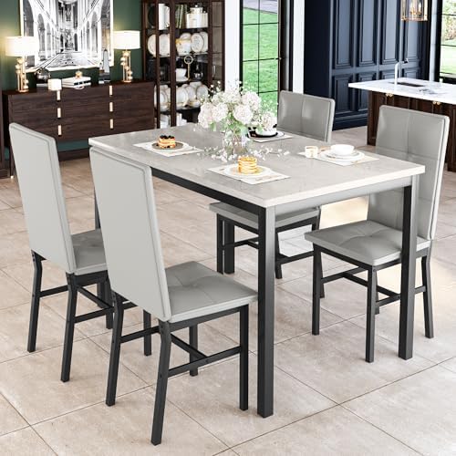 Hooseng Dining Table Set for 4, Faux Marble Small Kitchen Table with 4 PU Lea...