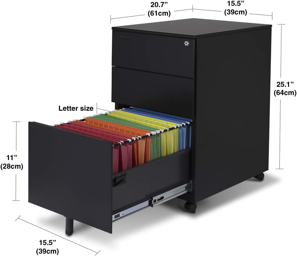Aurora FC-103BK Modern SOHO Design 3-Drawer Metal Mobile File Cabinet with Lo...