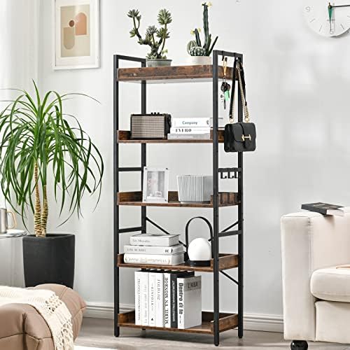 HCHQHS Adjustable 5 Tier Open Bookcase, Rustic Farmhouse Book Shelves, Indust...