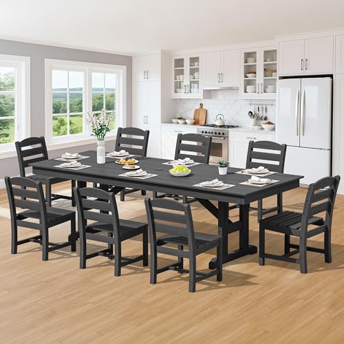SERWALL 9Pcs 84" HDPE Outdoor Dining Set for 8 with Armless Chairs,Black
