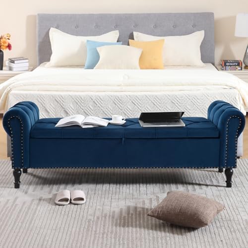 Velvet Storage Bench 67 Inch Upholstered Tufted Ottoman Bench with Arms Large...
