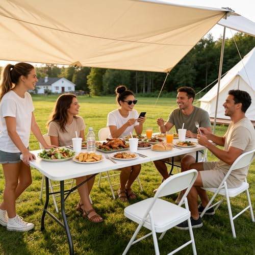 Folding Dining Table Set for 6, 6FT Foldable Plastic Table with Carrying Hand...