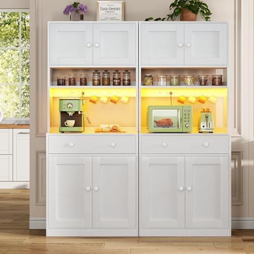 71" Tall Kitchen Pantry Cabinet with Microwave Countertop, LED Lights Wh...
