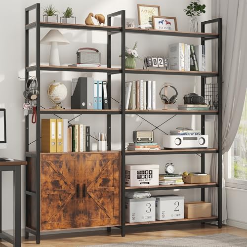 6-tire Farmhouse Corner Book Shelf with 2 Barn Doors and 10 Storage Shelves, ...