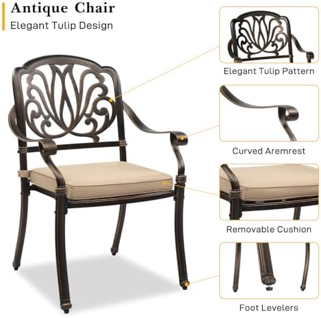 VINGLI 5-Piece Outdoor Patio Dining Set, Cast Aluminum All-Weather Outdoor Ta...