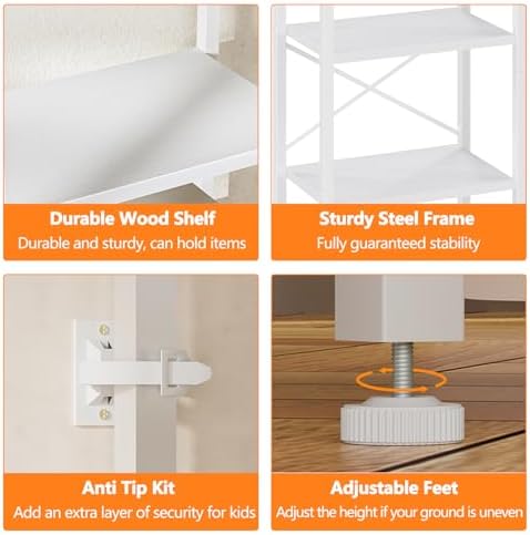 Furnulem 5-Tier Corner Shelf,Tall Narrow Bookshelf with Drawers,White