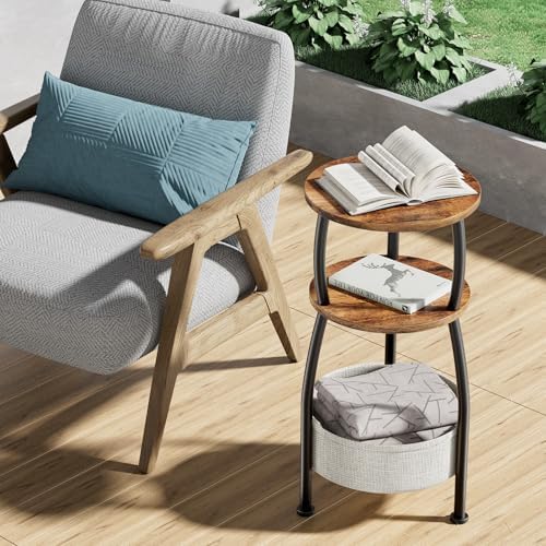 Round Side Table for Small Spaces with Storage Basket, 11.81in