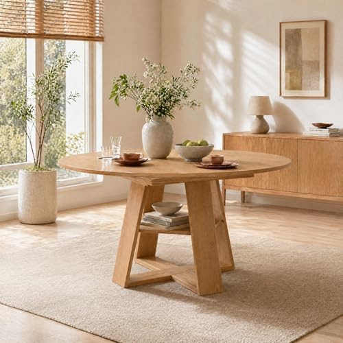 5 Piece Round Extendable Dining Table Set for 4, 43"-59" Natural Wo...