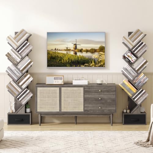 GIANTEX 9-Tier Tree Bookshelf, Tall Small Bookcase with Drawer, Gray Oak
