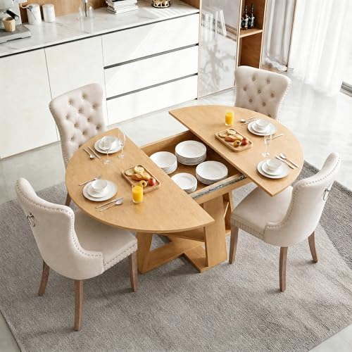 5 Piece Round Extendable Dining Table Set for 4, 43"-59" Natural Wo...