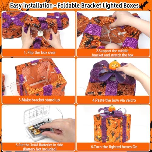 3 Pieces Lighted Boxes Halloween Decorations, Lighted Gift Boxes with Bat,Spi...