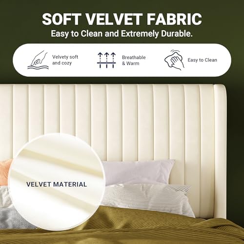 Allewie Queen Size Velvet Bed Frame/Vertical Channel Tufted Wingback Headboar...
