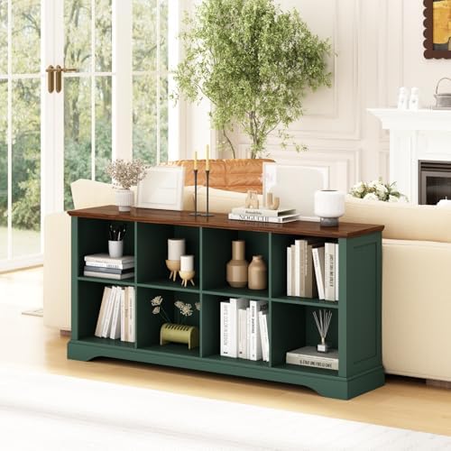 8 Cube Storage Organizer, 62" Long Low Horizontal Bookshelf, Green