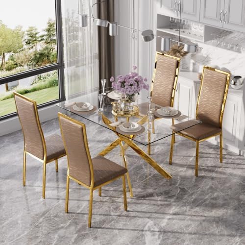 47" Modern Glass Dining Table Set for 4, 5-Piece Rectangular Kitchen Tab...