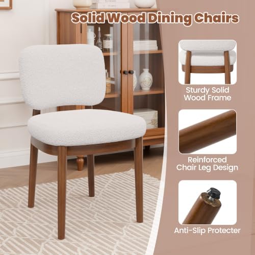 Wooden Dining Chairs Set of 2, Boucle Upholstered Kitchen Chairs with Solid W...