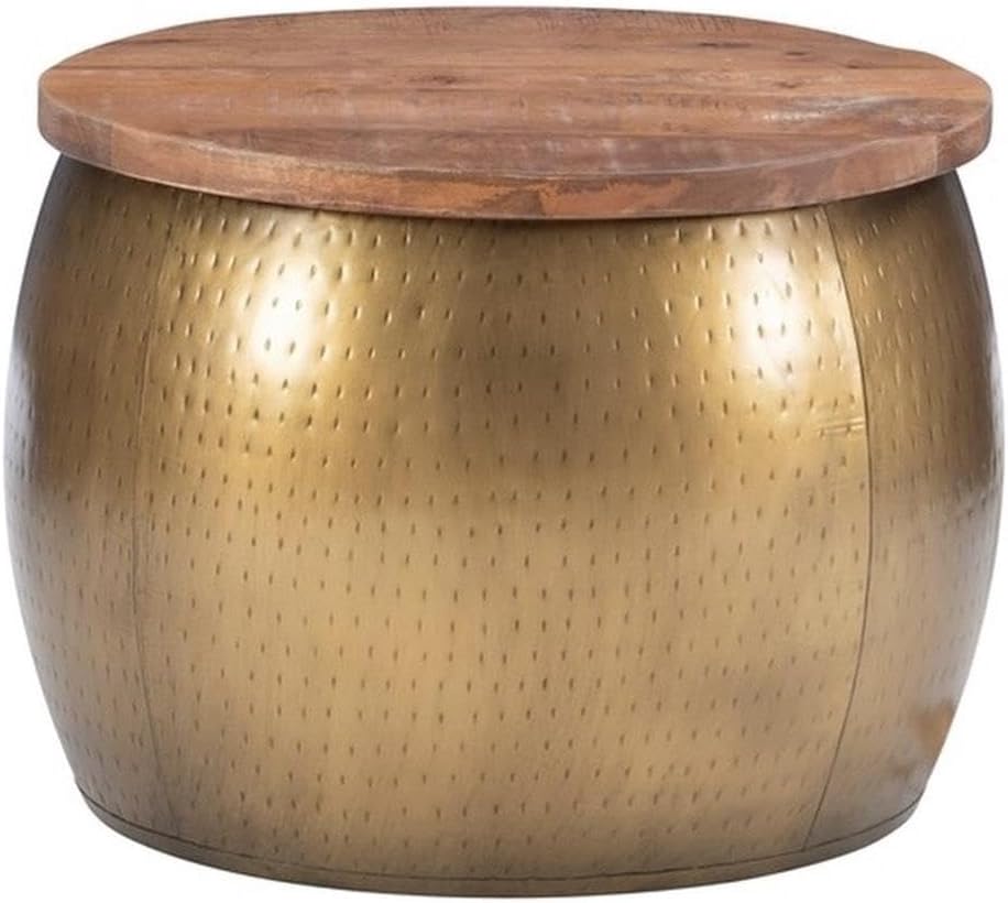 MAKLAINE Large Hammered Metal Drum Table with Storage, Brass Finish, Solid Ma...