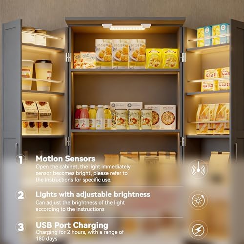 FJTJBSI 72" LED Kitchen Pantry Cabinet with 3 Drawers Farmhouse Tall Sto...
