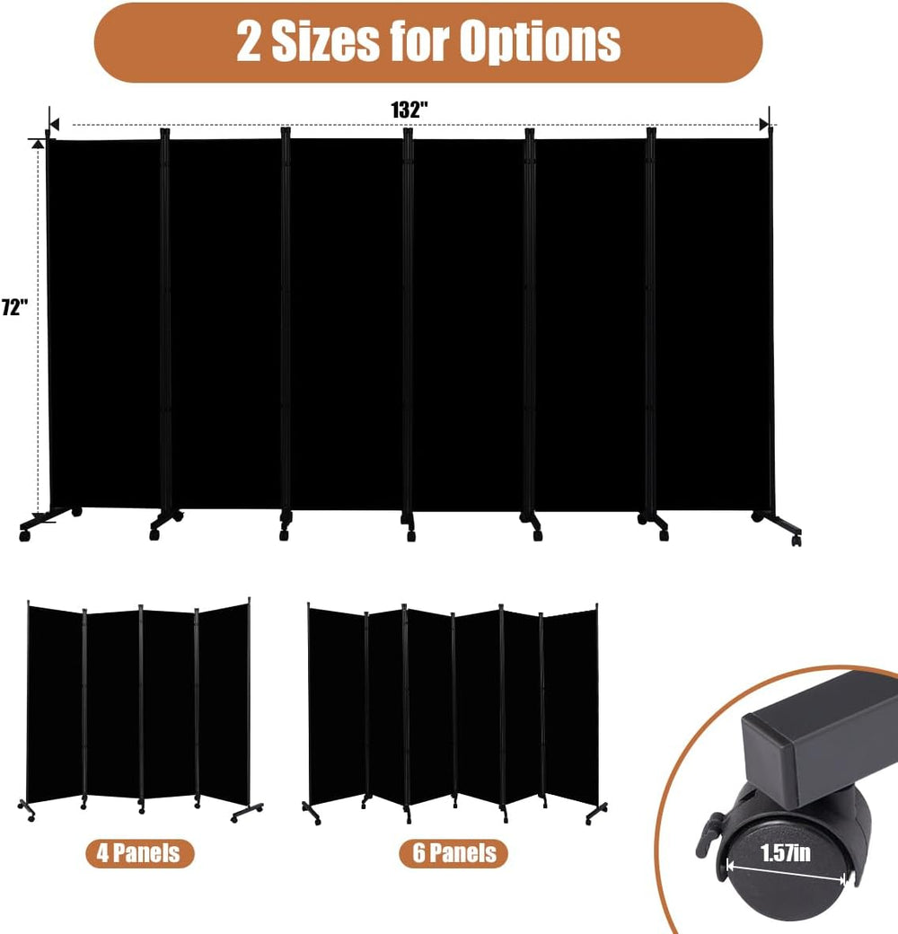 Room Divider 6FT Tall Folding Privacy Screens,6 Panel Wall Divider w/Wheel