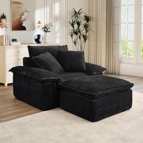 Oversized Chaise Lounge Chair Indoor with Ottoman, Upholstered Corduroy Moder...