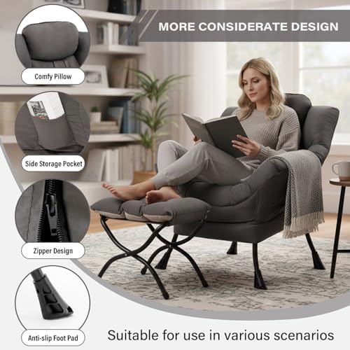 Modern Lazy Chair with Ottoman, Comfy Accent Reading Chair, Dark Grey
