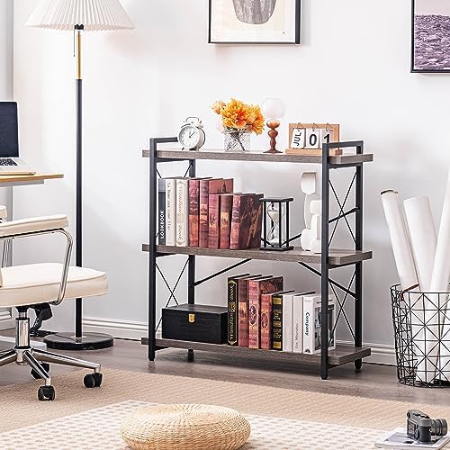 HCHQHS Bookshelf, 3-Tier Industrial Bookcase, Rustic Open Book Shelf, Freesta...