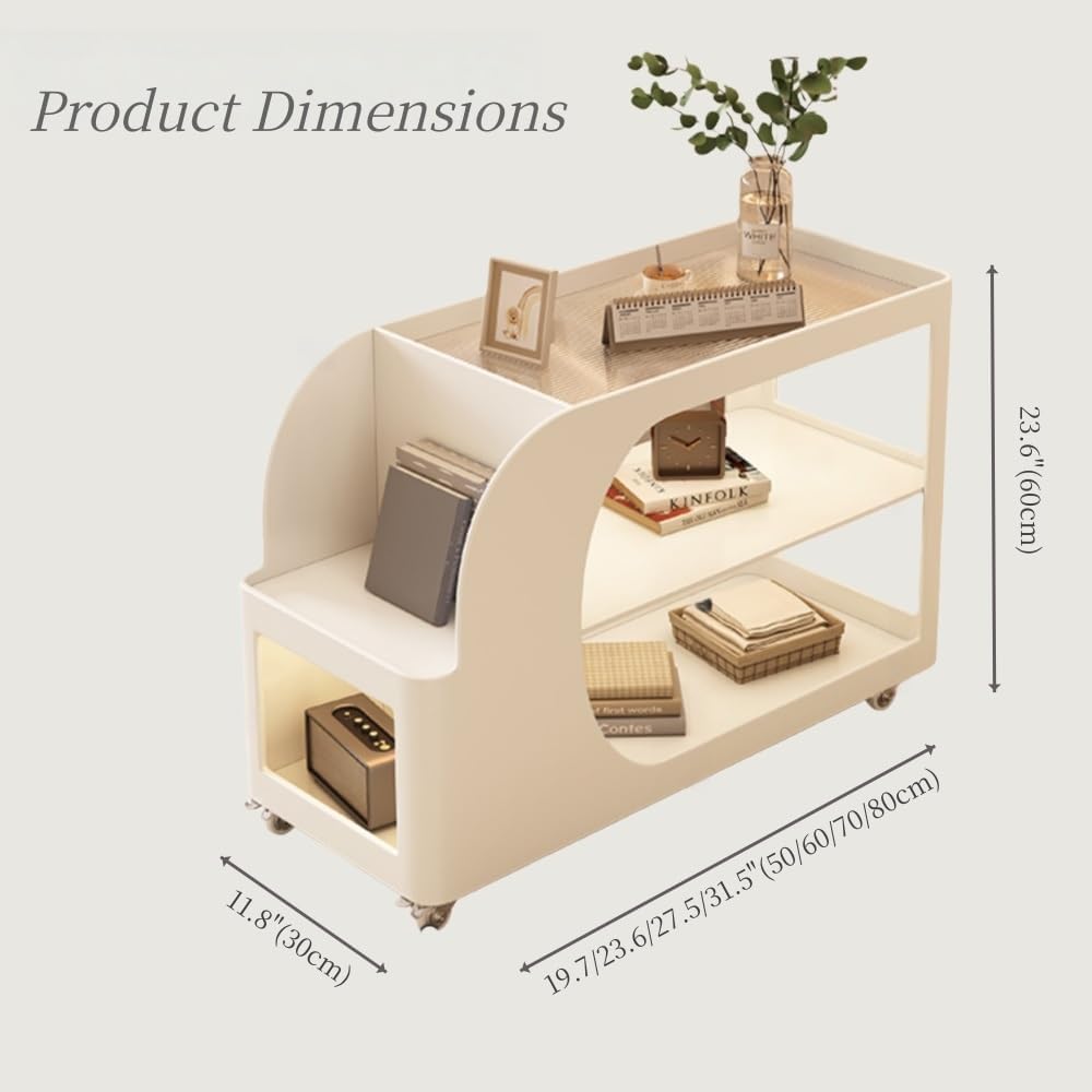 Mobile Sofa Side Table with Wheels, Metal Rolling End Table with Storage, 3-T...