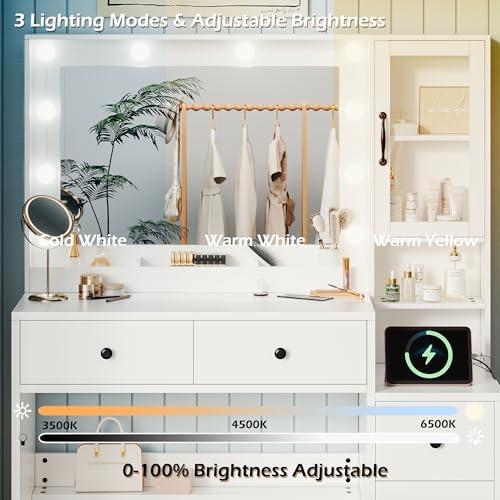 35.4” Makeup Vanity Desk with Charging Station, White Makeup Dressing Table w...