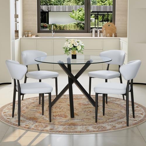Round Glass Dining Table Set for 4, 39" Black Metal Base, PU Chairs | 5-...