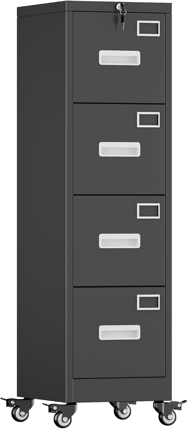 METAN 4 Drawer Metal File Cabinet with Lock, Mobile Heavy Duty Steel Filing C...