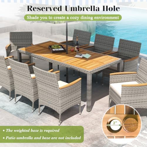 Tangkula 9 Pieces Patio PE Wicker Dining Set, Outdoor Acacia Wood Table and C...