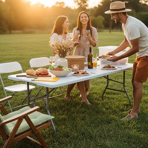 6FT White Plastic Folding Table Heavy Duty Tables Set of 5 | HDPE Tabletop Fo...