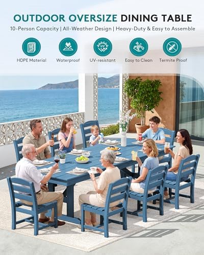 SERWALL 9Pcs 84" HDPE Outdoor Dining Set for 8 with Armless Chairs,Blue