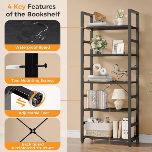 DUMOS 5-Tier Bookshelf, Modern Tall Bookcase Book Shelf Storage Organizer