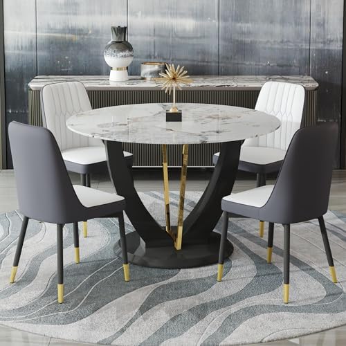 JUFU 5-Piece Round Dining Table Set for 4, 48-Inch Black Marble-Look Table