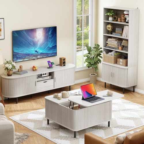 ONBRILL 71" Bookshelf with Sliding Door, Bookcase Cabinet, Natural White