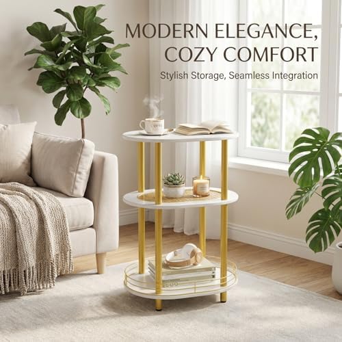 Small Rattan Side/Accent Table with Storage, 3 Tier Round/Oval End Table with...