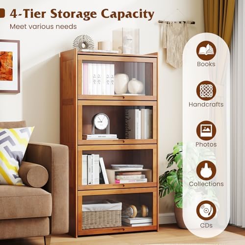 GIANTEX 4-Tier Bookcase with Clear Doors, 55" Bamboo Bookshelf with Flip...