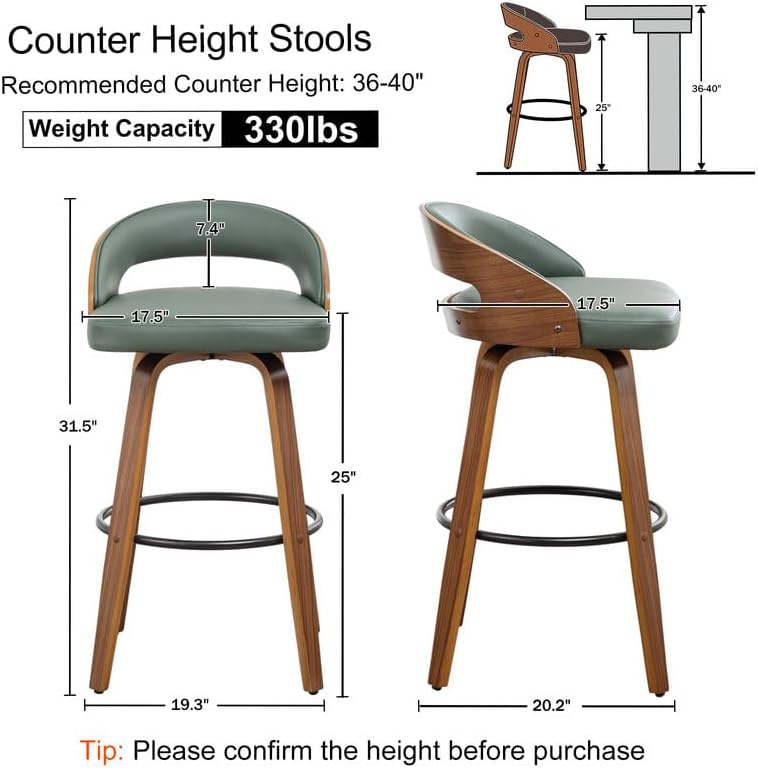 Set of 2 Swivle Counter Stools, 25" Counter Height Bar Stools with Uphol...