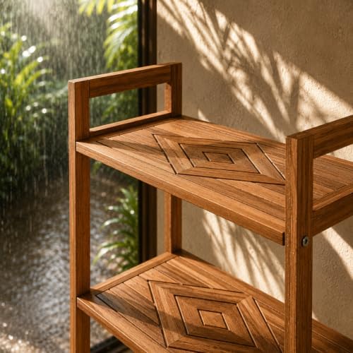 Teak Wood 4-Tier Shelving Unit, Waterproof, Leveling Feet, Teak Oil Finish