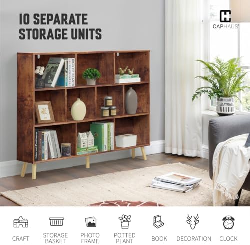 CAPHAUS 10 Cube 3 Tier Mid Century Bookshelf, 55” Wide Wooden Cube Storage Or...