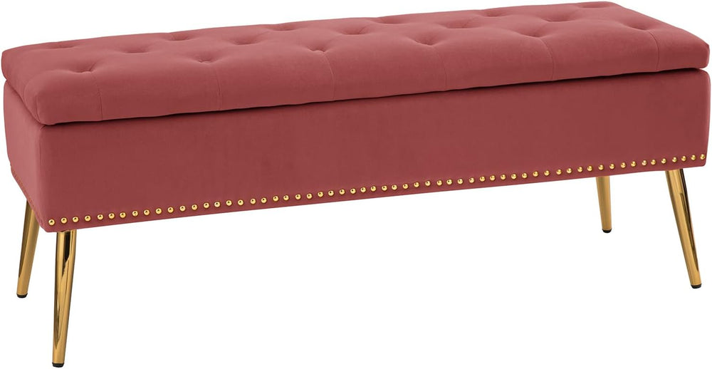 HULALA HOME Modern Velvet Storage Ottoman Bench with Gold Base & Nailhead...